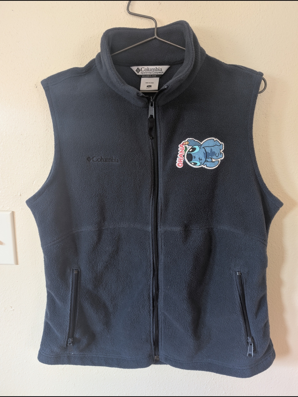 Columbia Fleece Vest Navy Blue Women's L, With Disney Stitch Patch